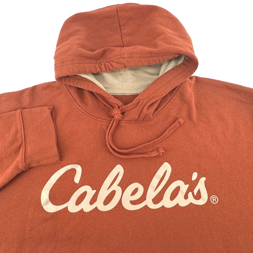 Cabelas Mens 2XL Burnt Orange Script Logo Pullover Hoodie Sweatshirt RN74747